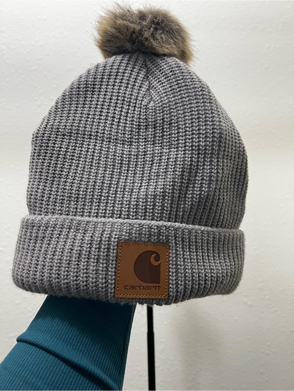 Carhartt Gray Knit Beanie with Brown Faux-Fur Pom
